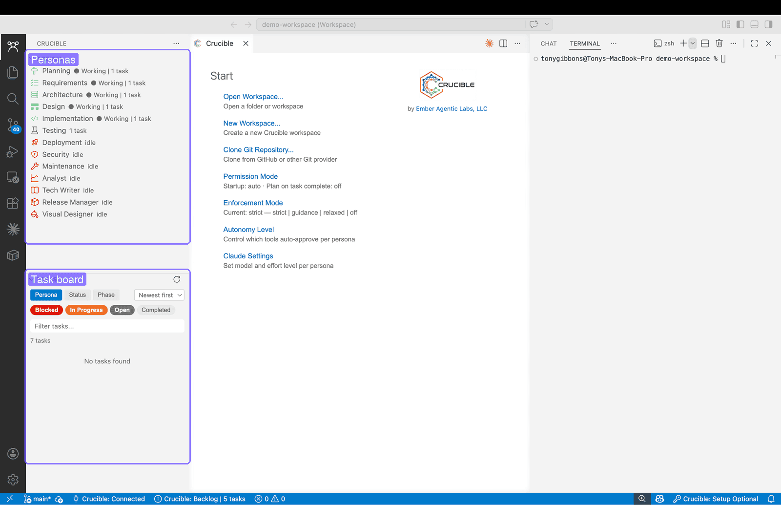 VS Code with Crucible — personas sidebar and empty task board