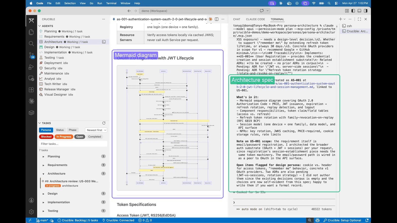 Crucible architecture spec: Mermaid diagram on the left, structured spec with acceptance criteria on the right